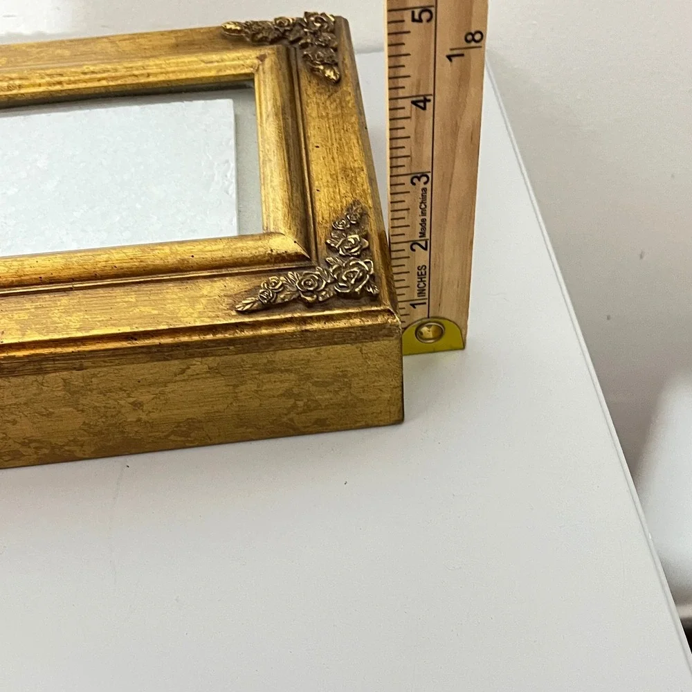 Vintage Jewelry Box Picture Frame Lid Gold Rose Floral Trim 9x7in Keepsake